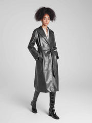 Single-Breasted Long UnReal Leather Trench Coat