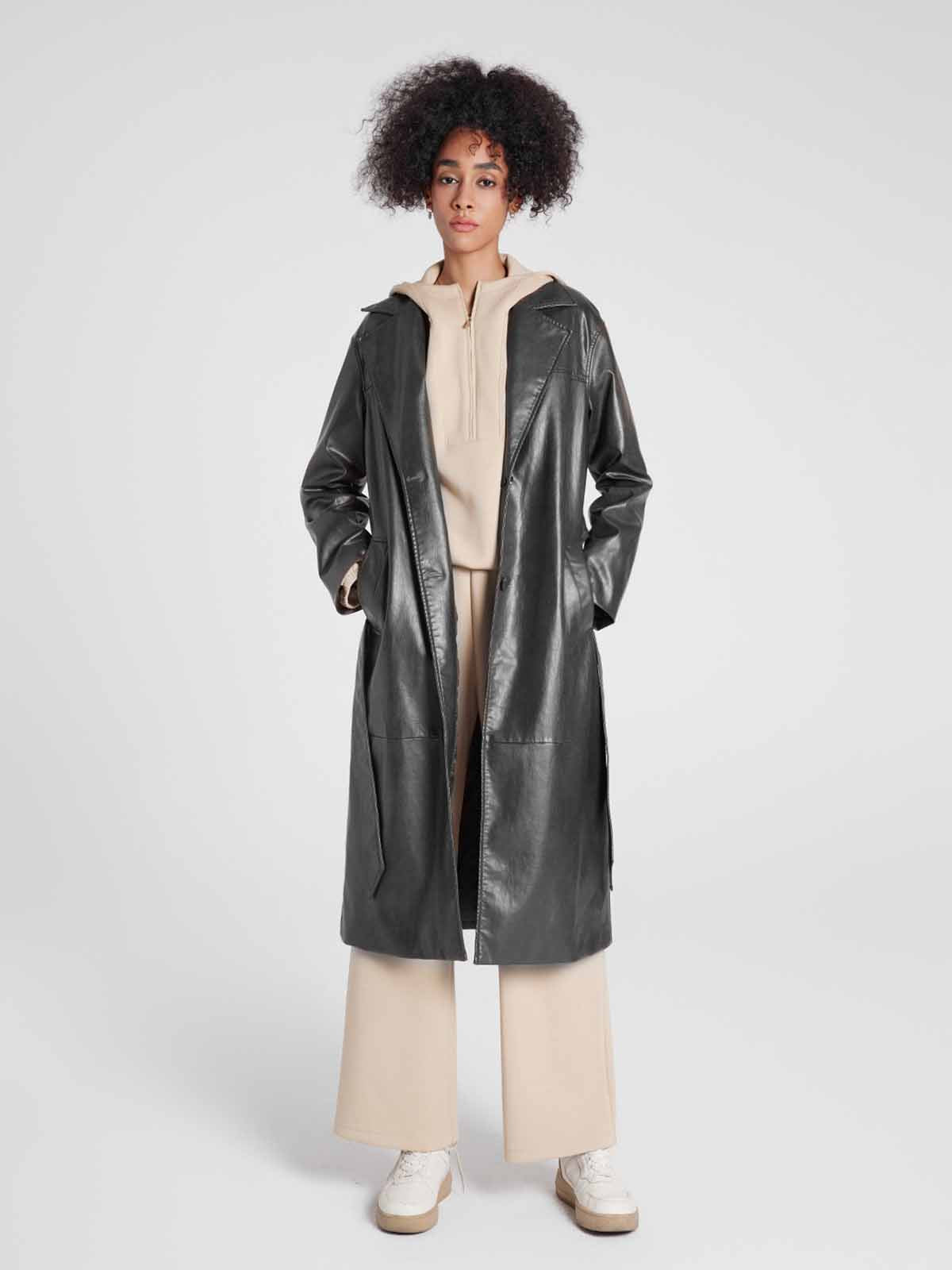 Single-Breasted Long UnReal Leather Trench Coat