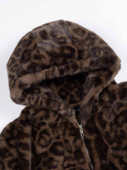 ASOBIO Leopard Print Faux Mink Hooded Jacket