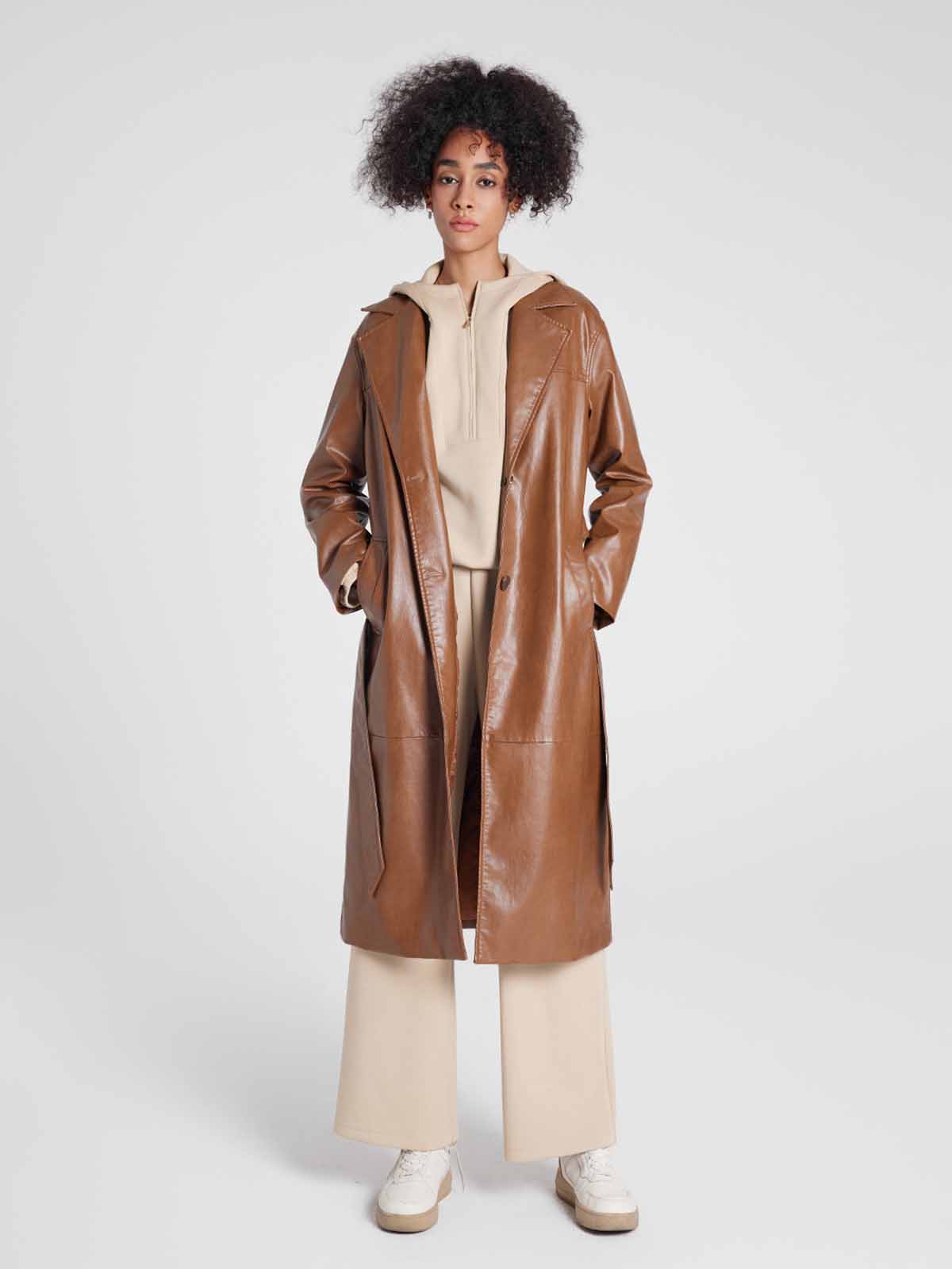 Single-Breasted Long UnReal Leather Trench Coat