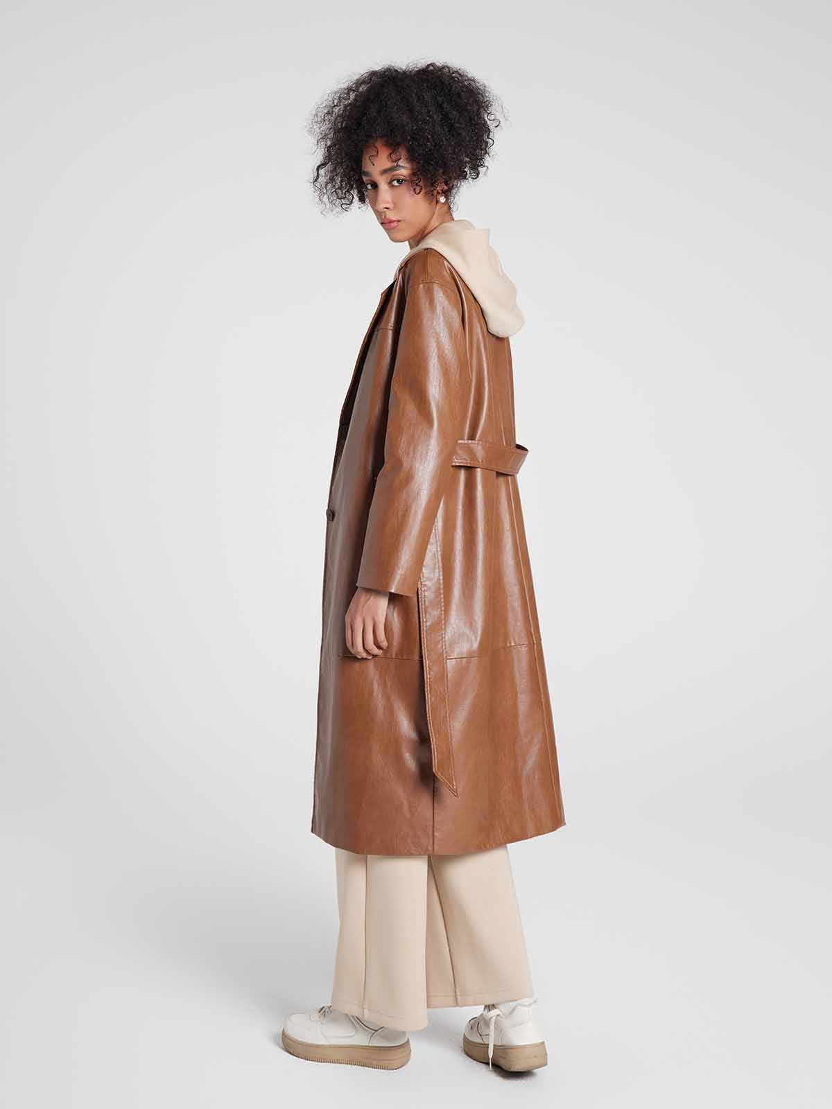 Single-Breasted Long UnReal Leather Trench Coat