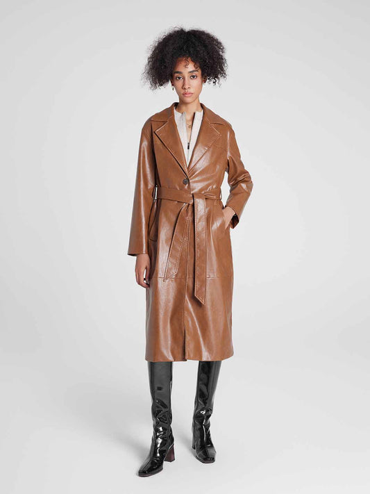 Single-Breasted Long UnReal Leather Trench Coat