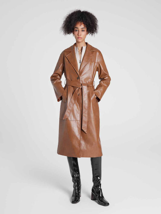 Single-Breasted Long UnReal Leather Trench Coat