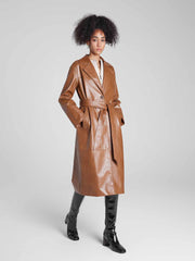 Single-Breasted Long UnReal Leather Trench Coat