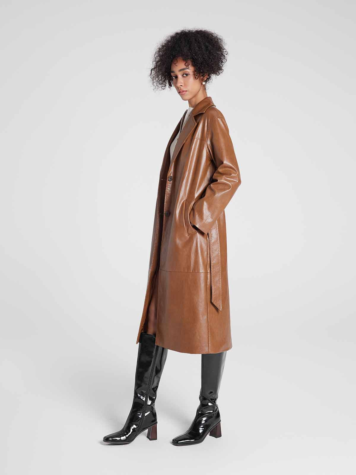 Single-Breasted Long UnReal Leather Trench Coat