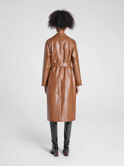 Single-Breasted Long UnReal Leather Trench Coat