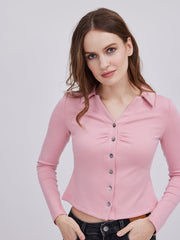 Long Sleeve V-Neck Henley Ribbed Knit Shirt