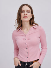 Long Sleeve V-Neck Henley Ribbed Knit Shirt