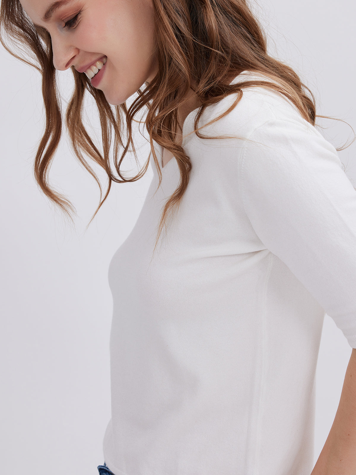 White Short Sleeve V-Neck Knitwear for Women