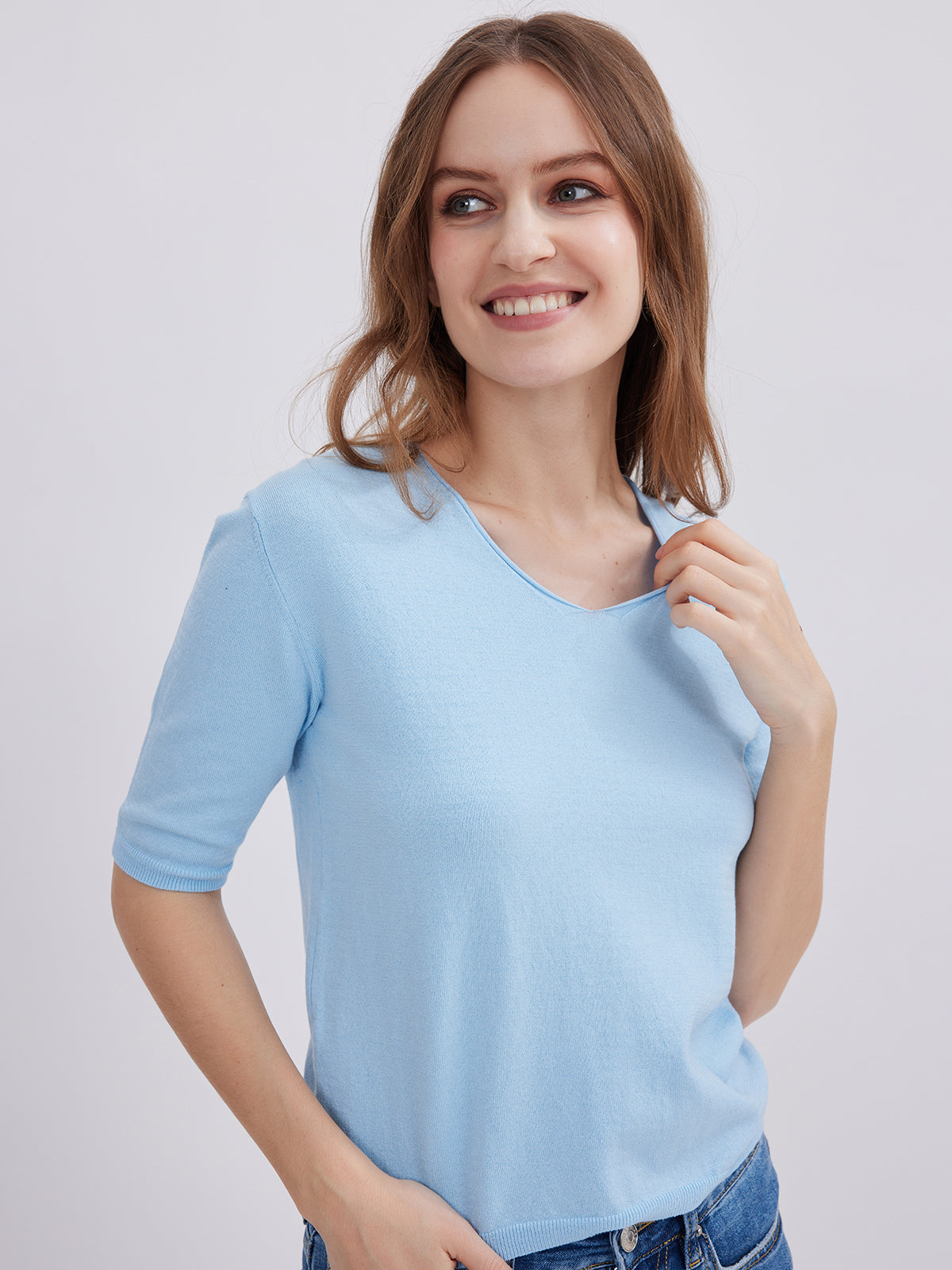 Blue Asobio Short Sleeve V-Neck Knitwear for Women