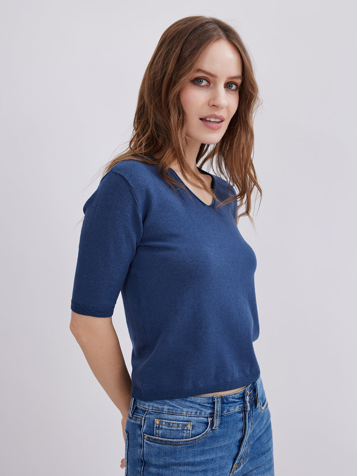 Dark Blue Short Sleeve V-Neck Knitwear for Women