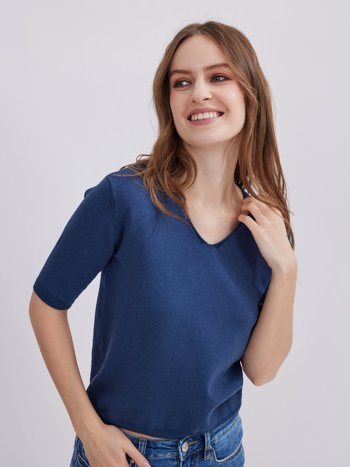 Dark Blue Women's Short Sleeve V-Neck Knitwear