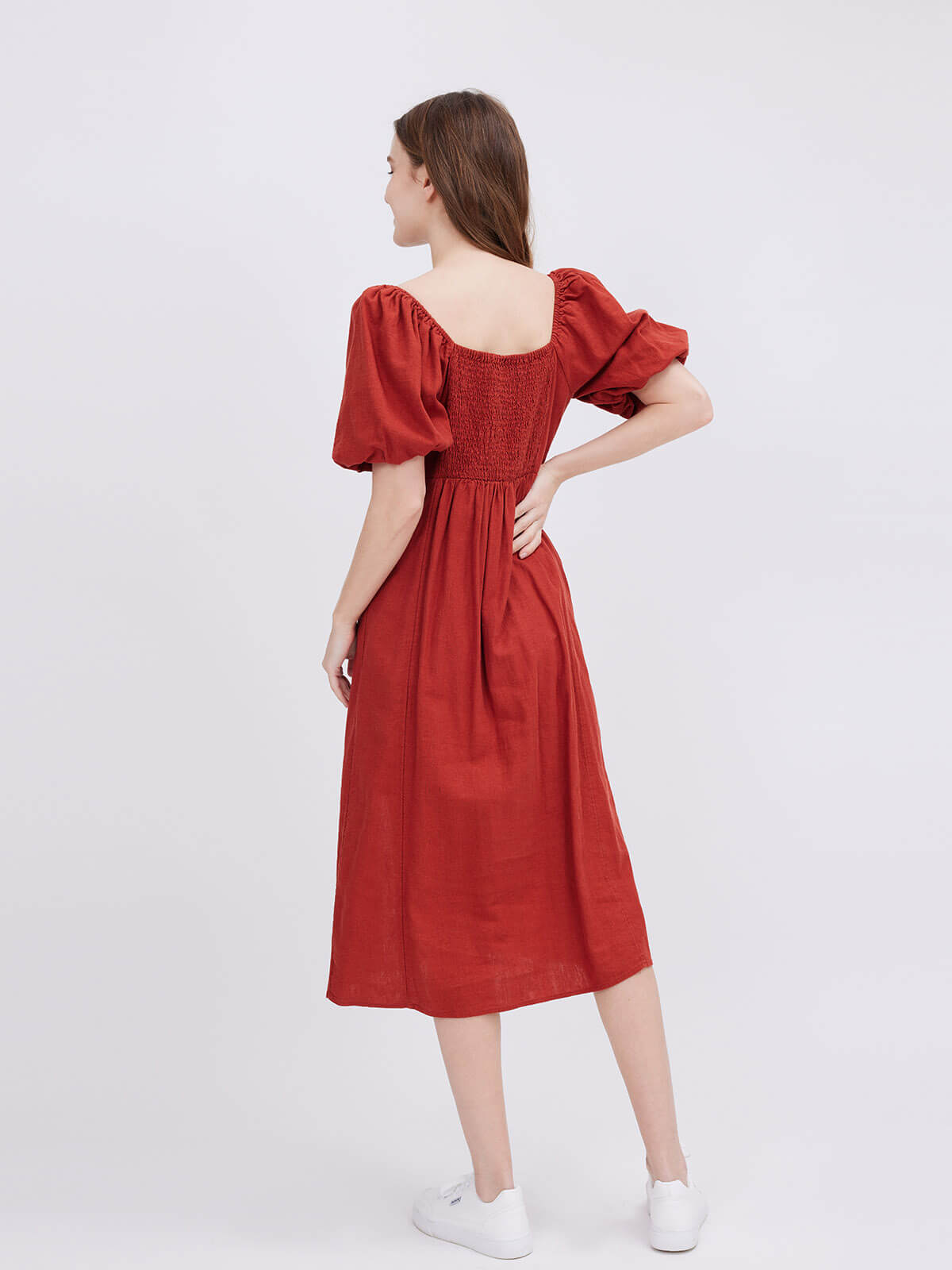 Brick Red Short Puff Sleeve Dress for Women