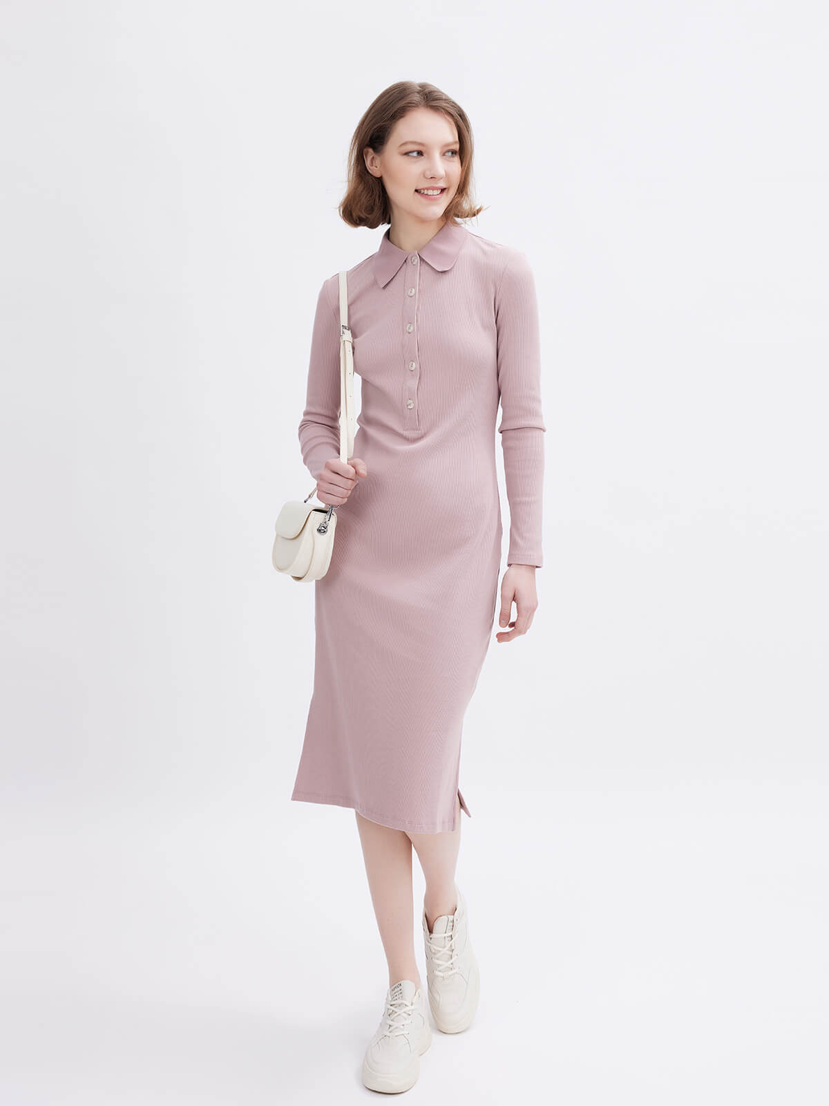 Pink Lapel Knitted Dress