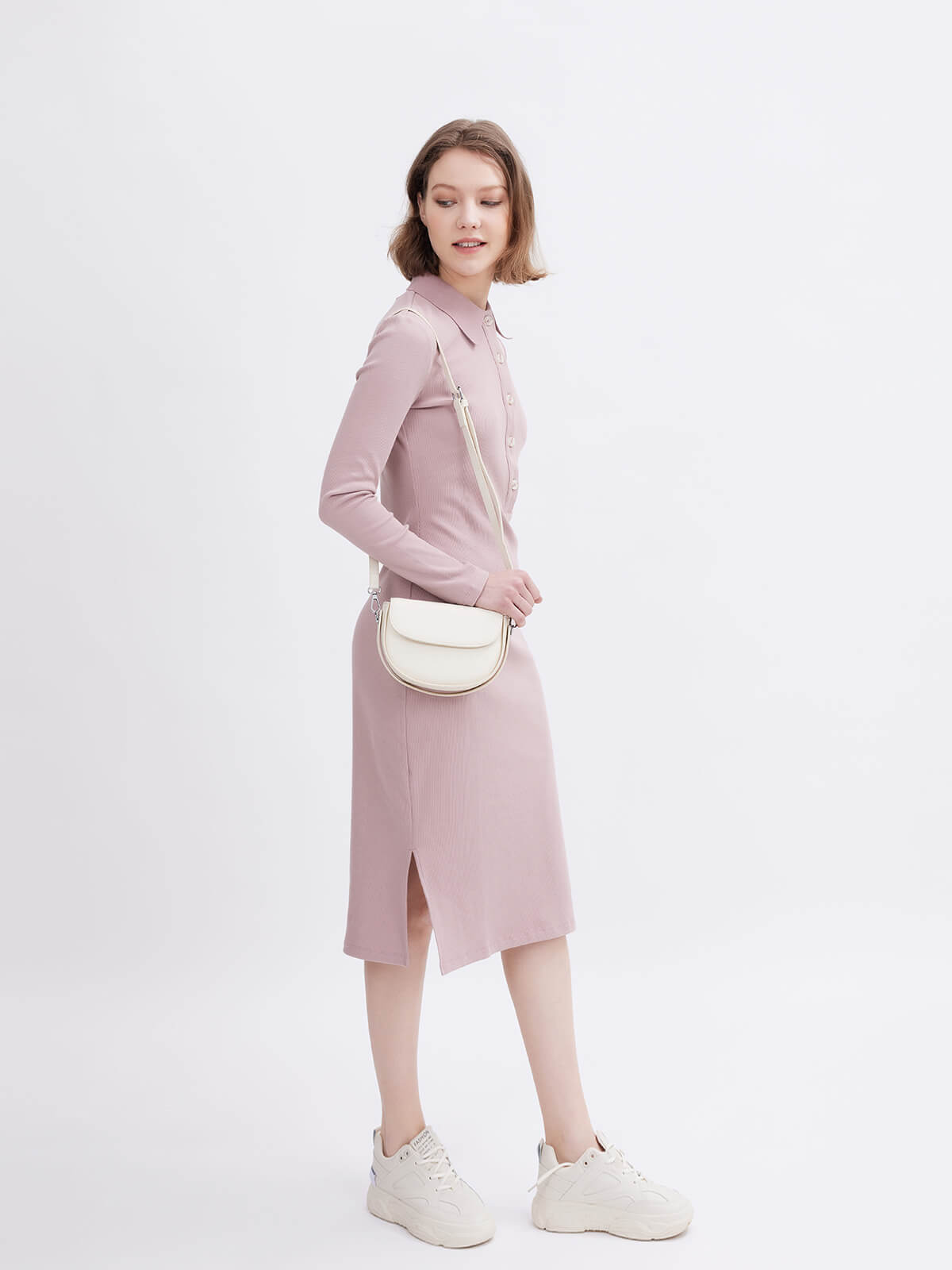 Pink Ribbed Sheath Knitted Dress