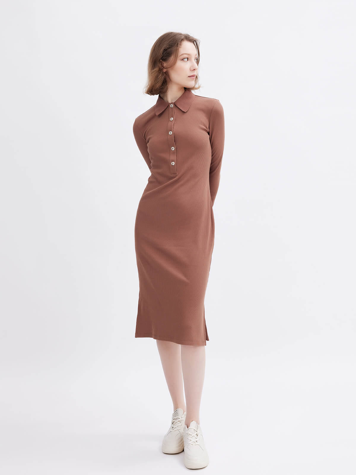 Brown Lapel Knitted Dress
