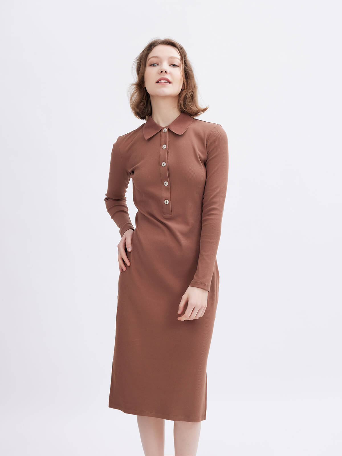Brown Ribbed Sheath Knitted Dress