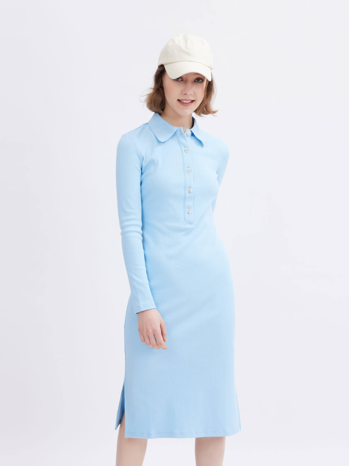 Blue Ribbed Sheath Knitted Dress