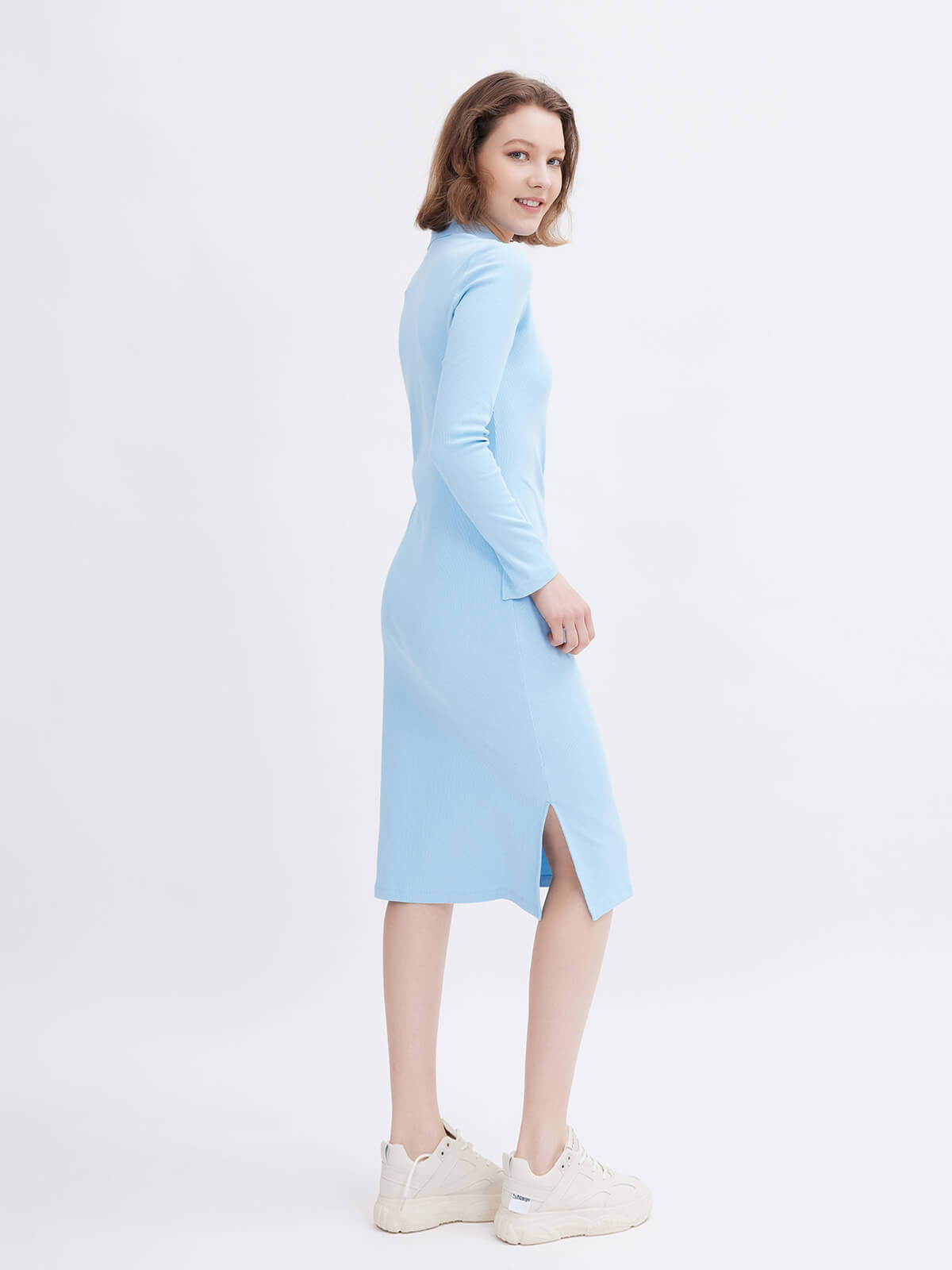 Blue Women's Ribbed Sheath Knitted Dress